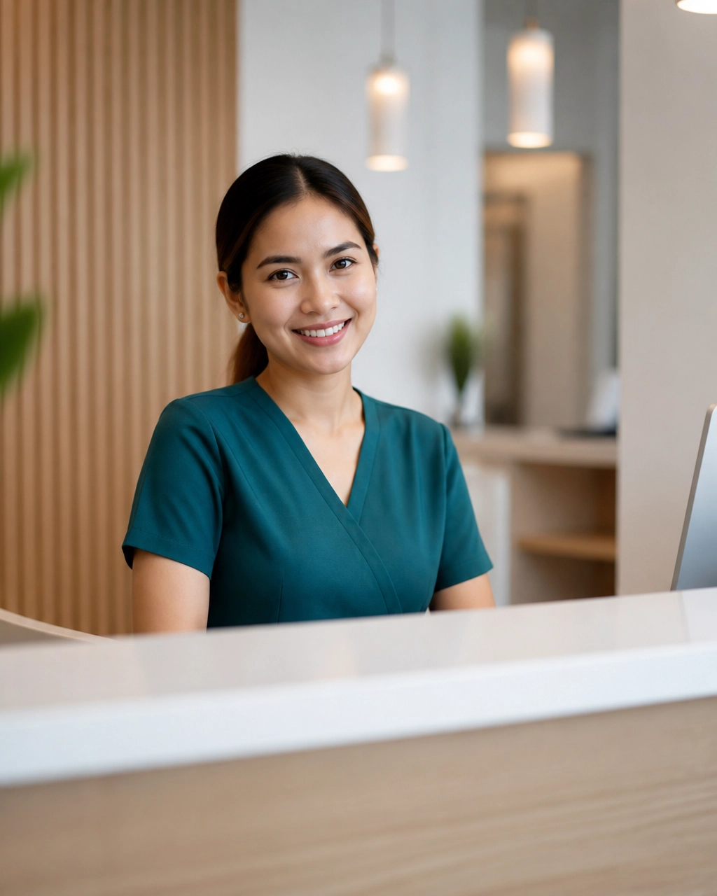 Friendly Philippine healthcare office professional at a clinic reception desk